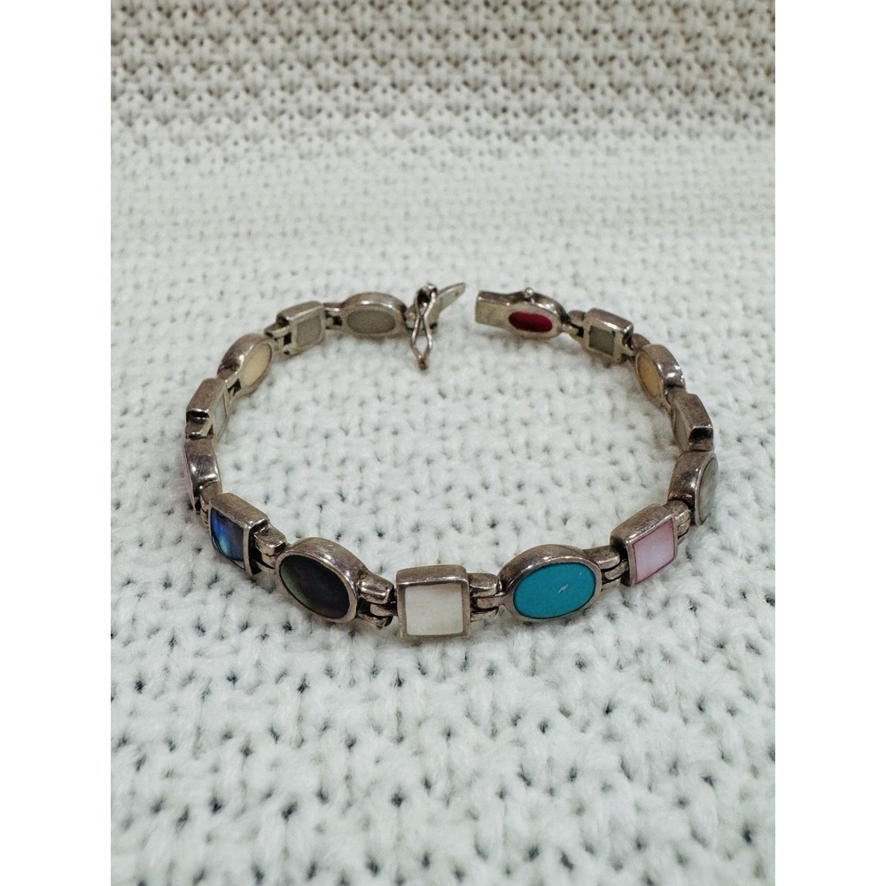 Vintage 925 Sterling Silver Multi Color Inlay Link Bracelet 7" Toggle Clasp